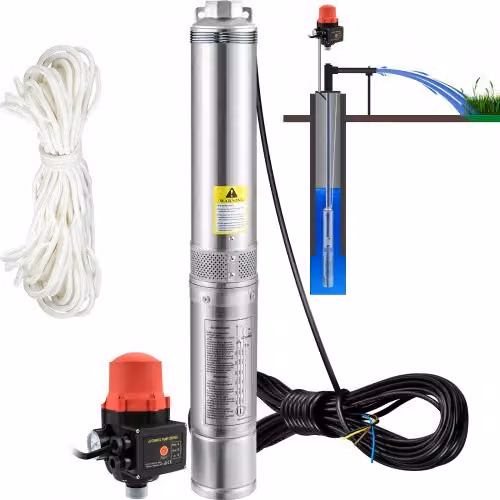 Pompa d'Acqua Sommergibile VEVOR in Acciaio Inox Silver, 550W, Flusso 50L/min, 230V, Prevalenza Max. 89m con Interruttore di Pressione per Pozzi Profondi, Piscina e Giardino