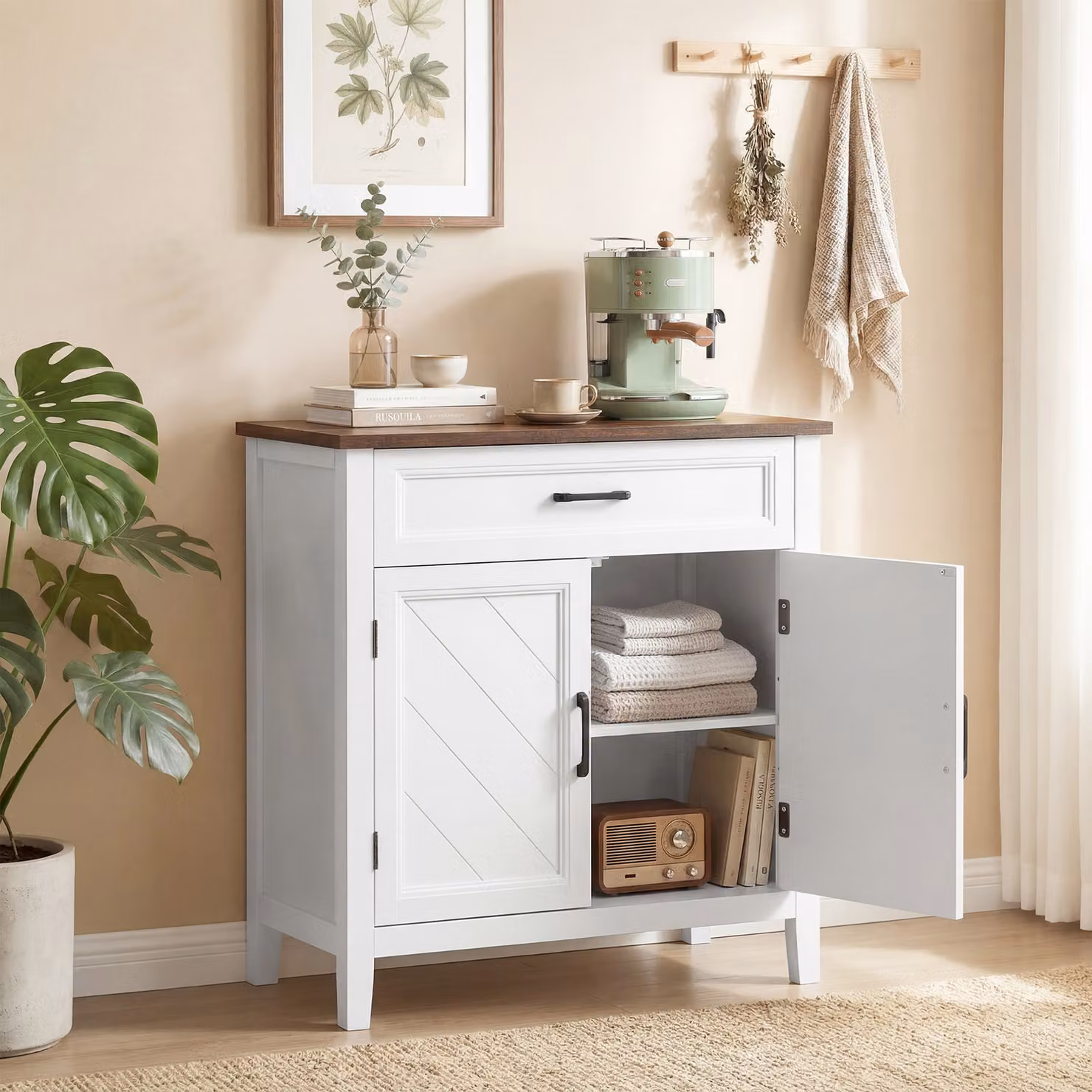 Credenza Moderna Rustica HOMCOM Bianca con Ripiano Regolabile e 2 Ante – 2