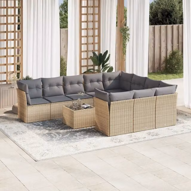 vidaXL Set Divani da Giardino 11 pz a Forma a L in Polyrattan con Cuscini Beige e Tavolino da Esterno