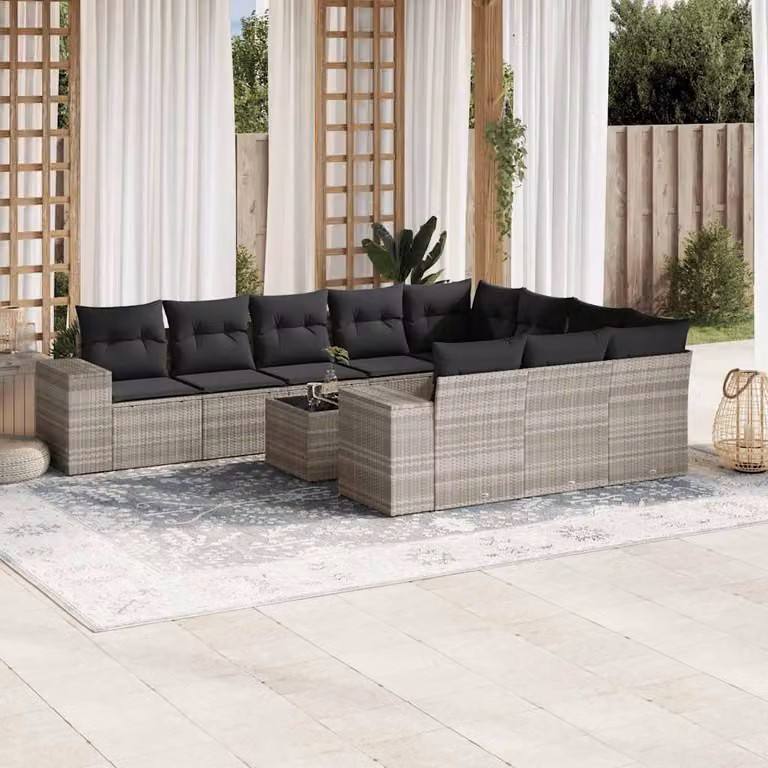 Set di divani da giardino vidaXL 11 pz con cuscini e tavolino in polyrattan grigio con struttura in acciaio e design moderno a L
