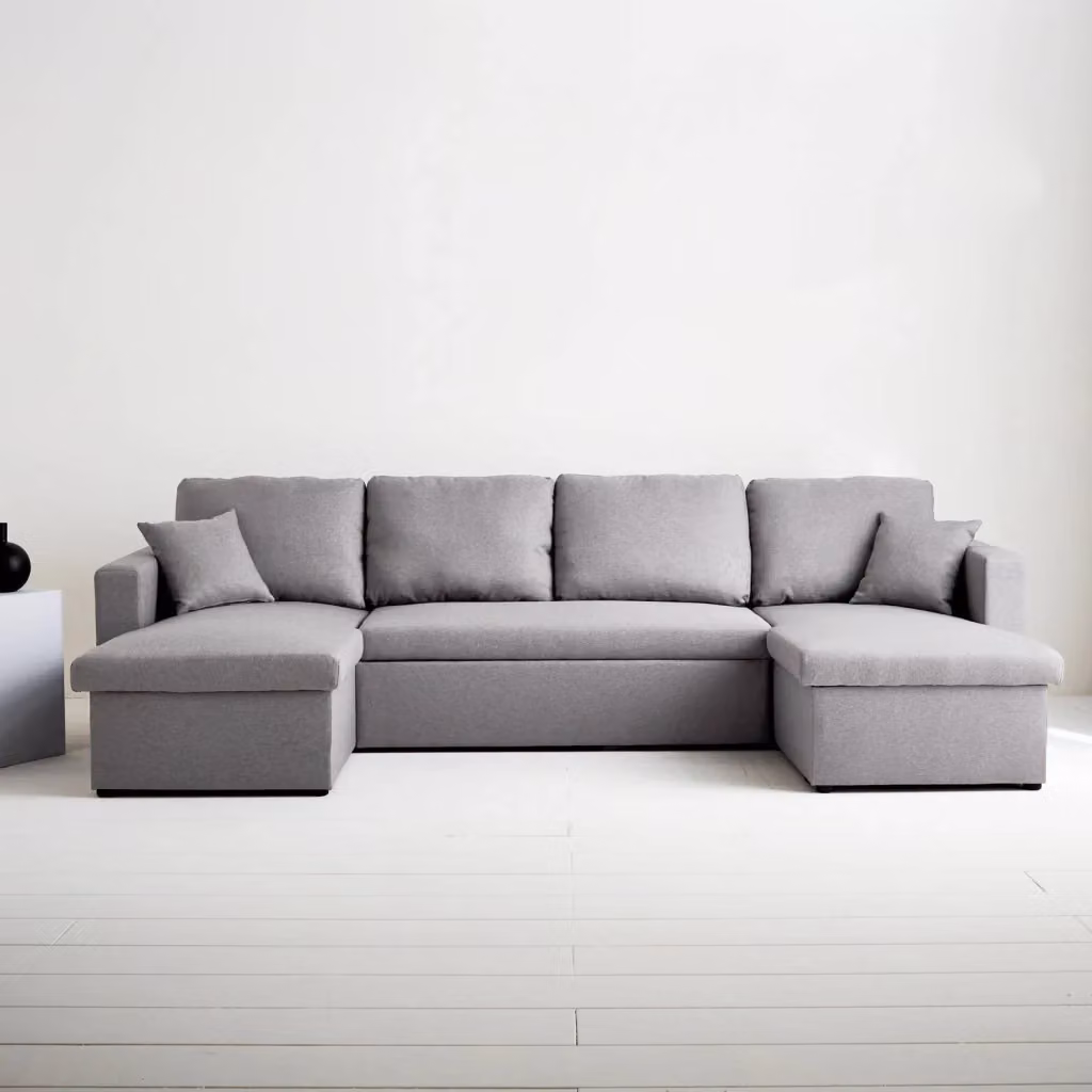 Divano letto panoramico a U Sweeek in tessuto grigio con funzione letto e cuscini inclusi – 2