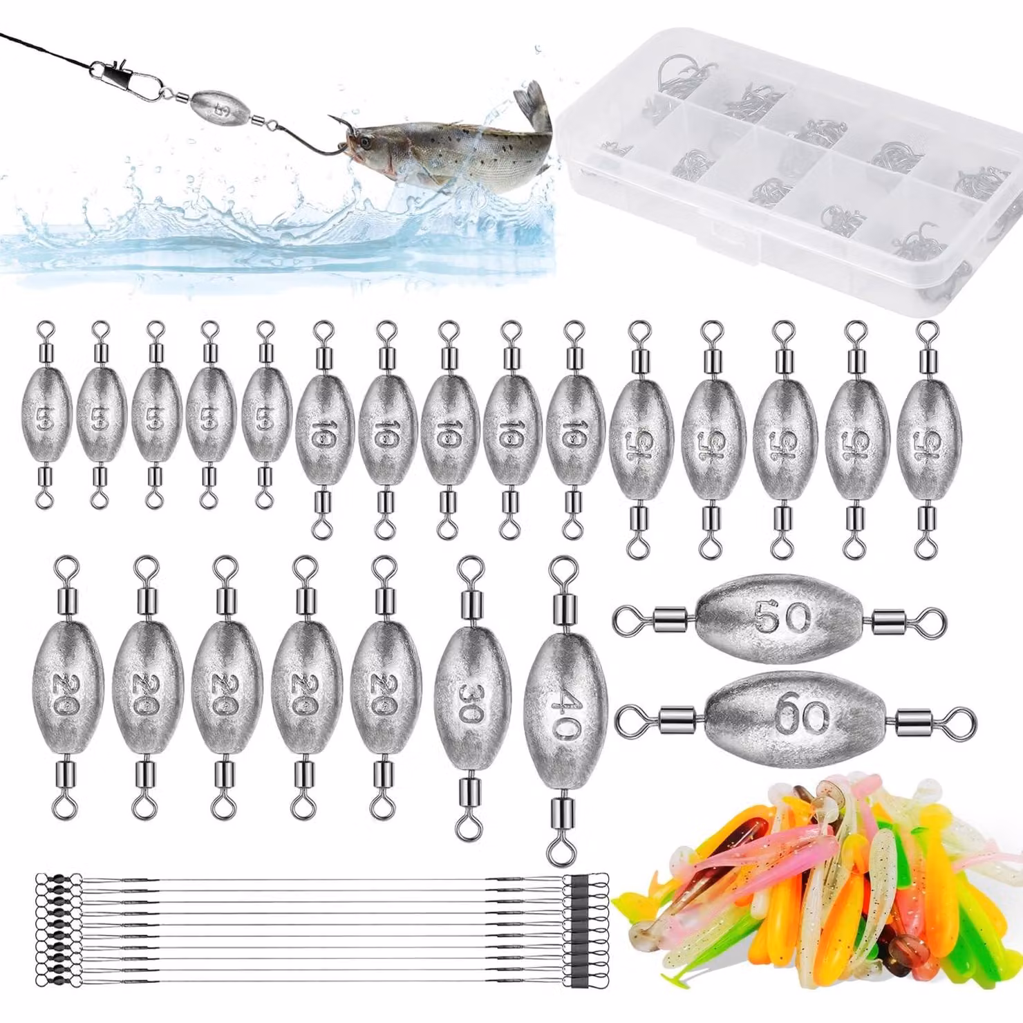 Set completo di esche da pesca, composto da 134 pezzi, con diversi pesi