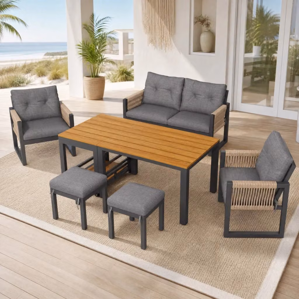 Set salotto da esterno con divano a 2 posti, poltrona lounge e tavolino da caffè, struttura in acciaio verniciato a polvere e cuscini in tessuto grigio resistente ai raggi UV – 2