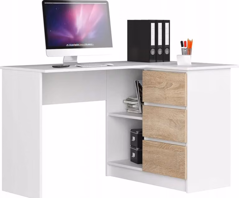 BDW, scrivania angolare destra, 3 cassetti, 4 ripiani, bianco/rovere Sonoma destra