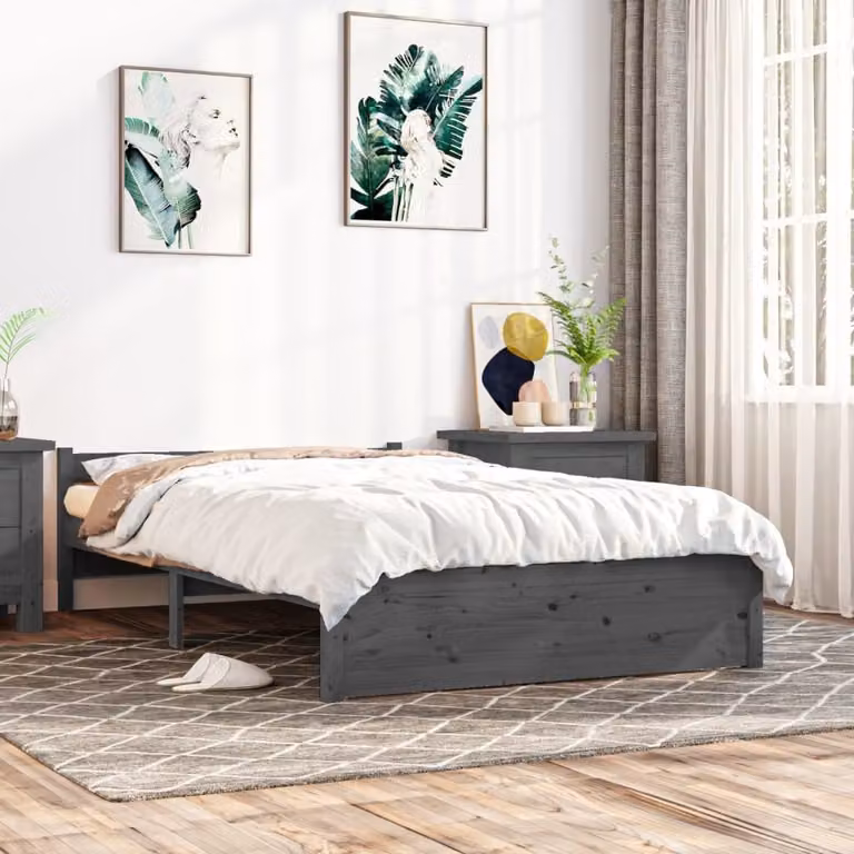 The Living Store Letto in legno massiccio grigio 135x190 cm