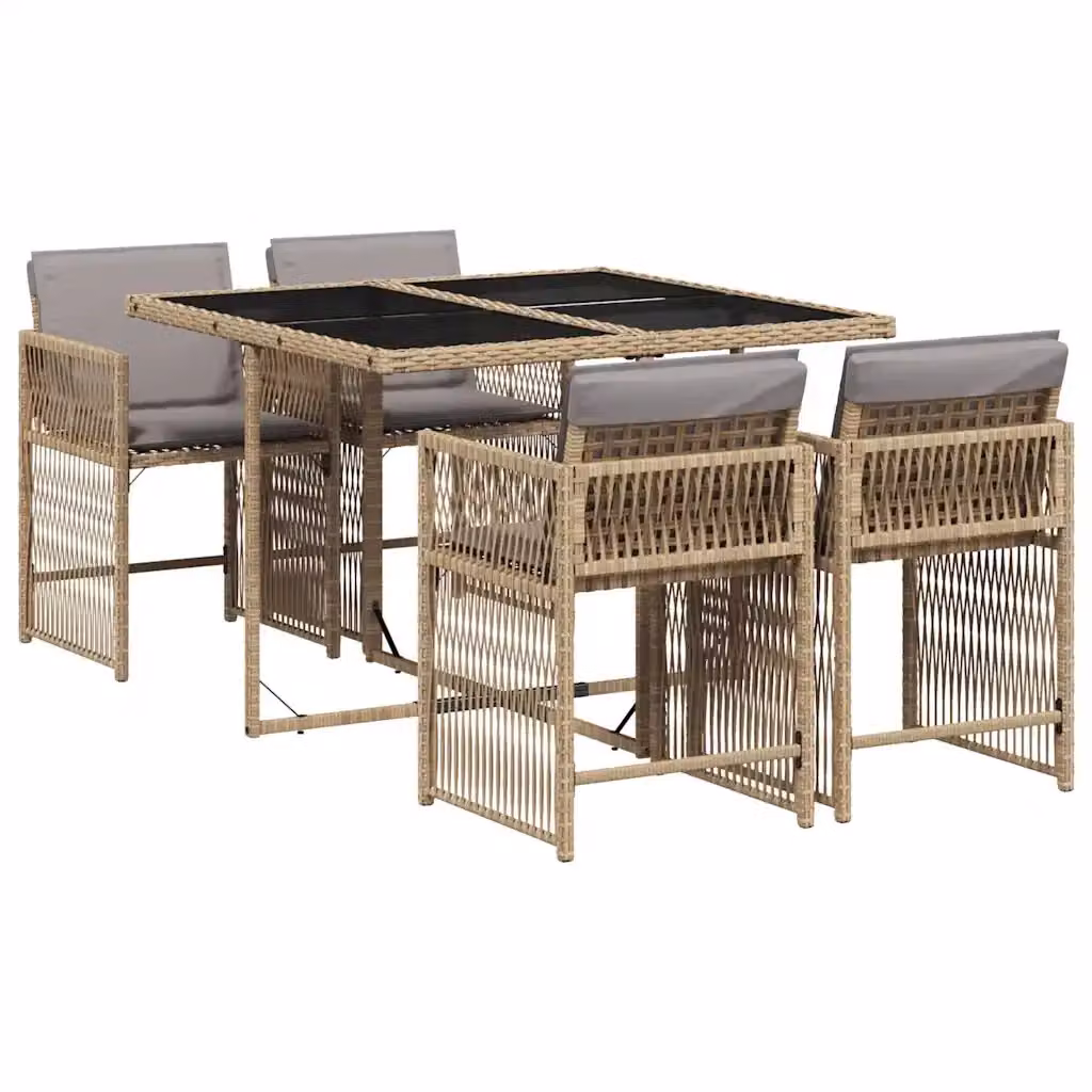 Set Pranzo da Giardino vidaXL in Polyrattan con Cuscini Beige e Grigio e Tavolo in Vetro 5 pz – 2