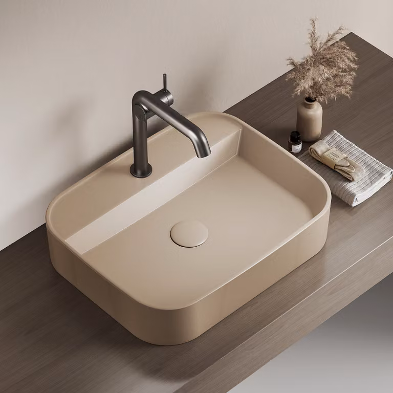Lavabo in Vetroceramica EMKE, lavabo sospeso, lavabo da appoggio, beige opaco, 50x40x11 cm