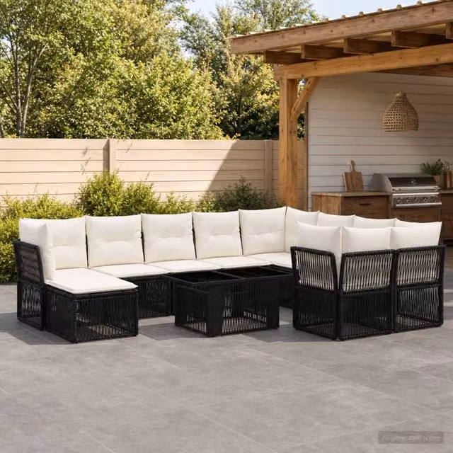 Set Divano da Giardino vidaXL 11 Pezzi in Polyrattan Nero con Cuscini e Tavolino – 1