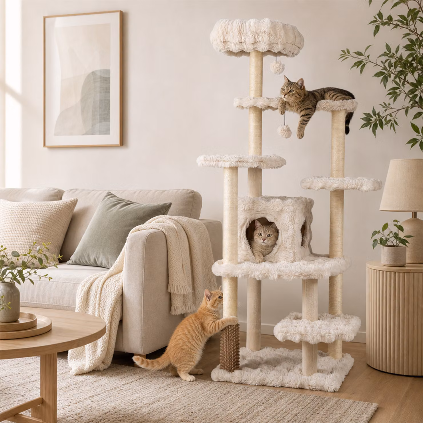 Albero per gatti da interno Costway con 4 piattaforme di salto, cuccia e tiragraffi in sisal, colore beige