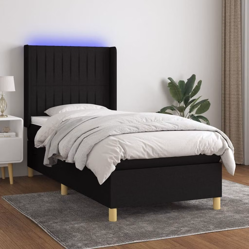 The Living Store Letto a molle con materasso e LED nero 90x200 cm in tessuto