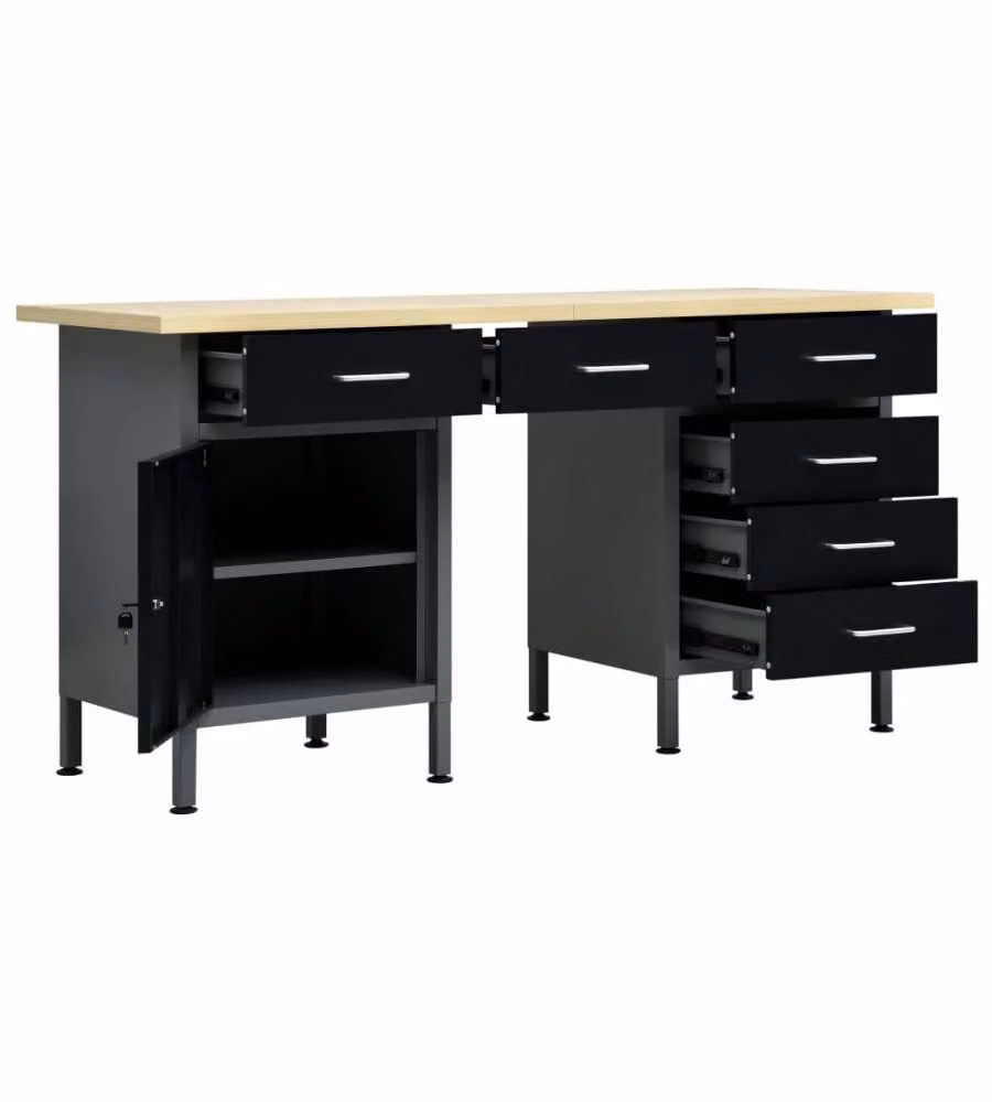 vidaXL Banco da Lavoro Nero in Acciaio 160x60x85 cm con 6 Cassetti