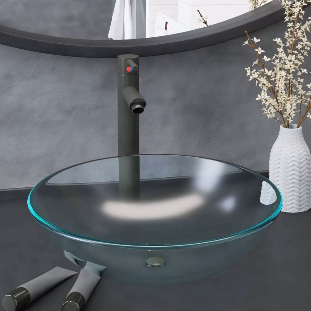 The Living Store Lavandino da bagno con rubinetto e piletta in vetro temperato smerigliato