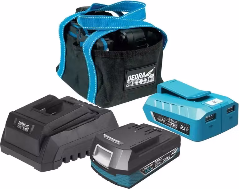 Set di utensili a batteria Dedra da 18 V: batteria, caricabatterie, powerbank, borsa