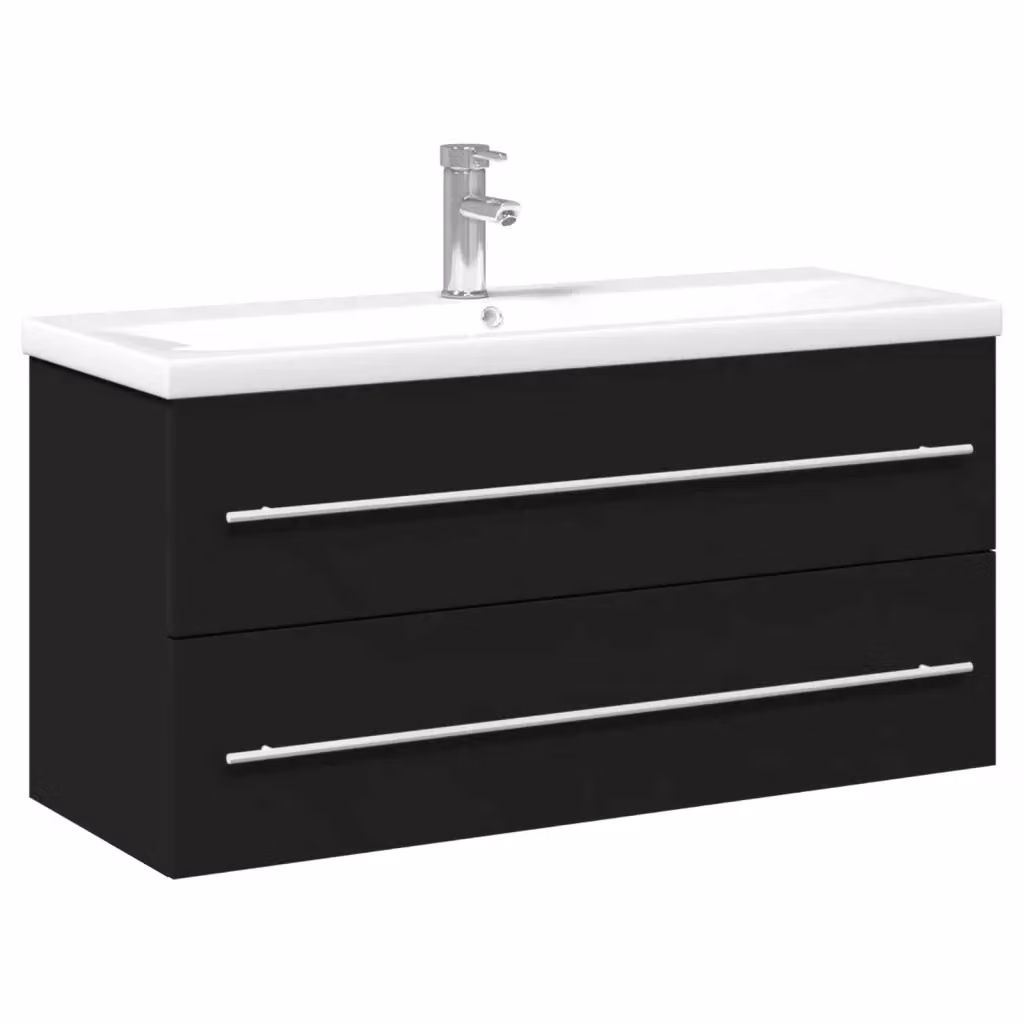 Mobile da Bagno Moderno con Lavabo in Ceramica vidaXL Nero e Bianco, Sospeso, con Cassetti e Ante, L/P/H: 100 x 48 x 38,5 cm – 2