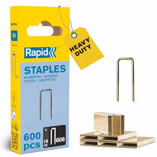 Rapid Confezione da 600 Graffe N.606/18 per Fissaggio di Materiali Rigidi, Listelli, Pannelli, Cornici, Cassetti, con Corona Stretta e con Rivestimento in Resina, Lunghezza Gamba 18 mm