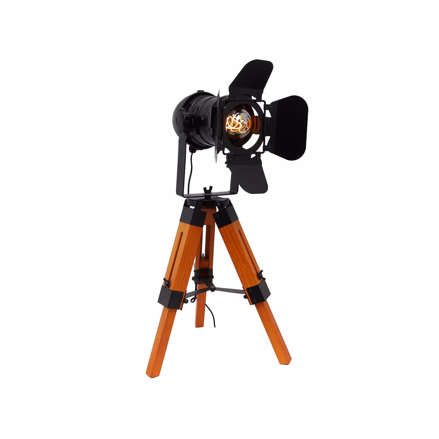 Lampada da tavolo in stile industriale con treppiede in legno, paralume regolabile in metallo e design cinematografico E27