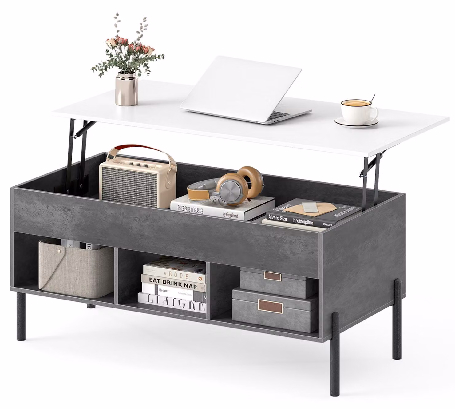 Tavolino KOMFOTTEU con piano sollevabile, tavolino laterale regolabile in altezza con spazio contenitivo, tavolino da soggiorno con ripiano aperto e vano nascosto, tavolino da caffè per soggiorno e ufficio, dimensioni 100 x 50 x 59 cm (grigio)