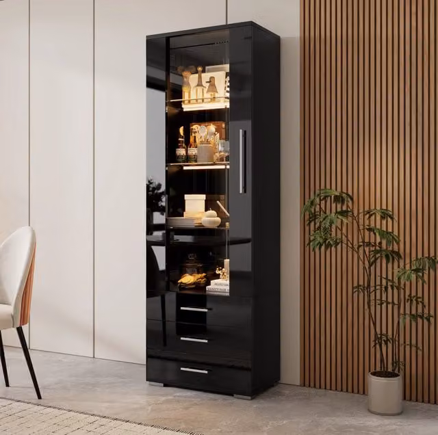Vetrina espositiva in MDF con LED controllabile via app; 3 cassetti; 60 x 35 x 180 cm; nera