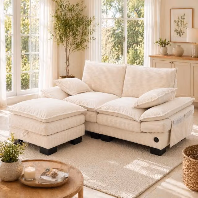 Divano 2 posti REDOM in velluto a coste beige con pouf e ricarica USB L/P/H: 190 x 132 x 84 cm
