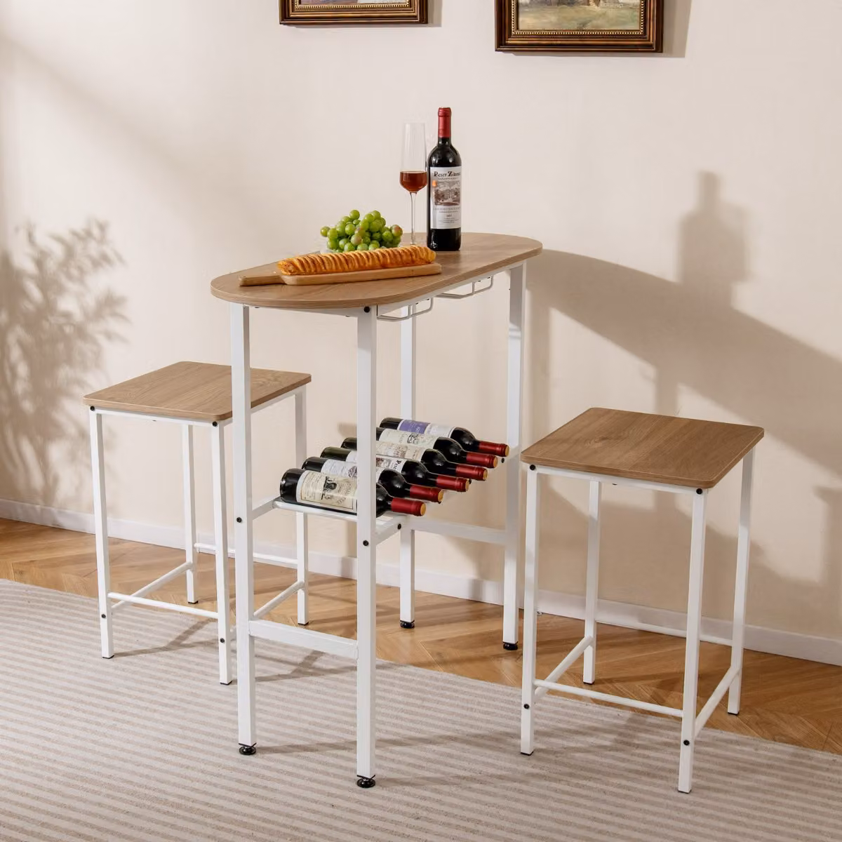Set da pranzo Costway composto da tavolo ovale e 2 sgabelli in legno e metallo, colore naturale beige e marrone