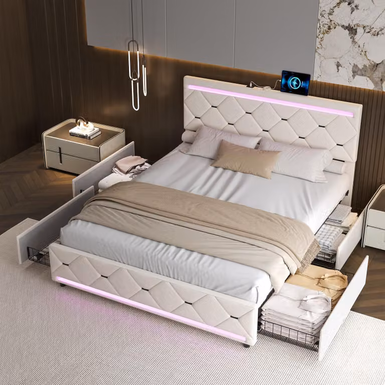 UnboxG Letto imbottito 140x190 cm con 4 cassetti, illuminazione LED e funzione di ricarica USB, letto contenitore, velluto, beige