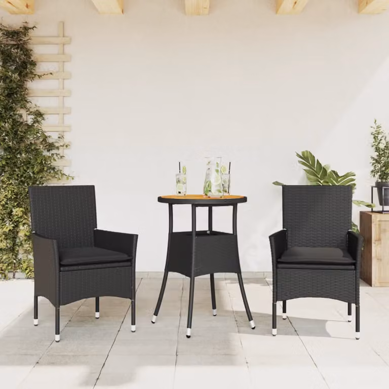 Set Pranzo da Giardino vidaXL in Polyrattan e Legno di Acacia Nero con 3 Cuscini