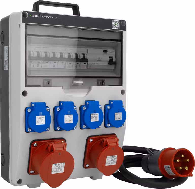 Distributore di corrente da cantiere 16A 32A CEE 4x230V con spina e cavo TGD-S/FI Distributore di corrente a parete con fusibili VDE Doktorvolt DV-6043-D