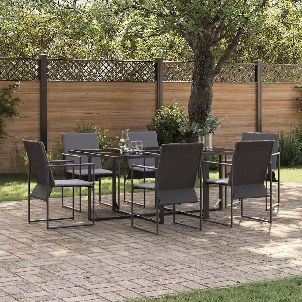 Set da pranzo per giardino e terrazzo vidaXL in acciaio verniciato nero e vetro, 7 pezzi