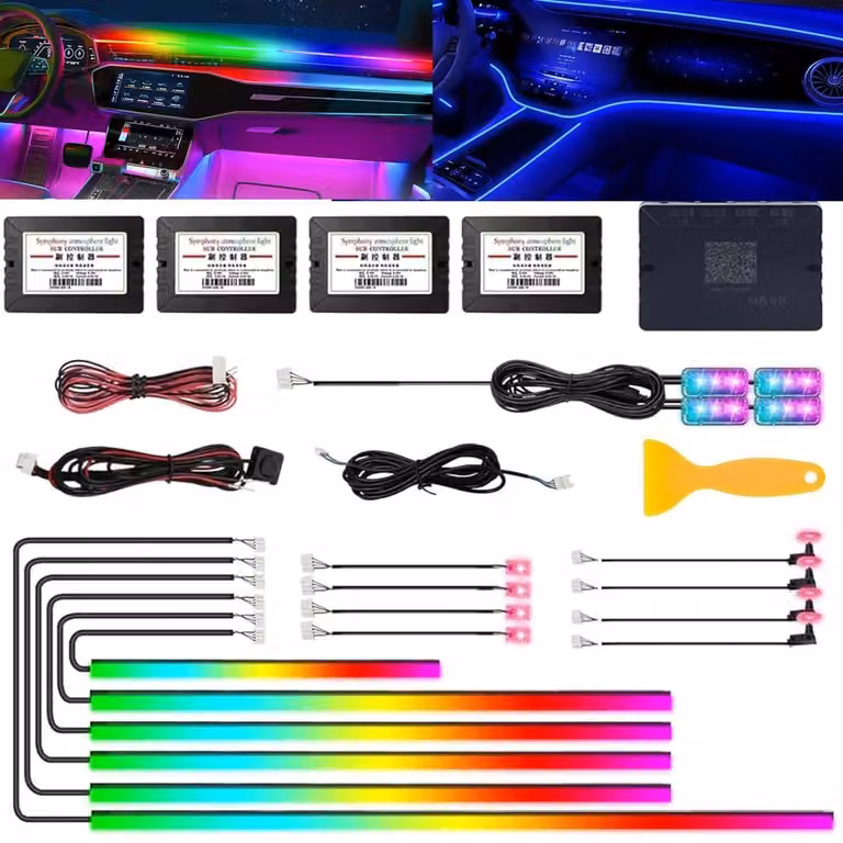 Illuminazione interna per auto a LED, 6 metri, luce d'ambiente RGB con controllo tramite app e telecomando, illuminazione per il vano piedi