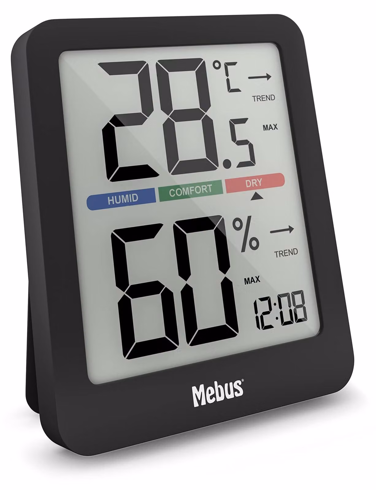 Stazione meteorologica con termometro, igrometro, orologio, indicatore di comfort, colore nero