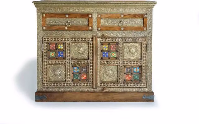 Cassettiera etnica in legno di acacia multicolore con decorazioni geometriche
