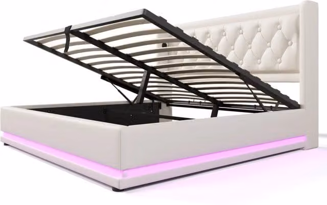 Letto imbottito matrimoniale 160x200 cm con contenitore idraulico, testiera bianca in PU con porta USB Tipo-C e illuminazione LED a 3 lati (senza materasso)