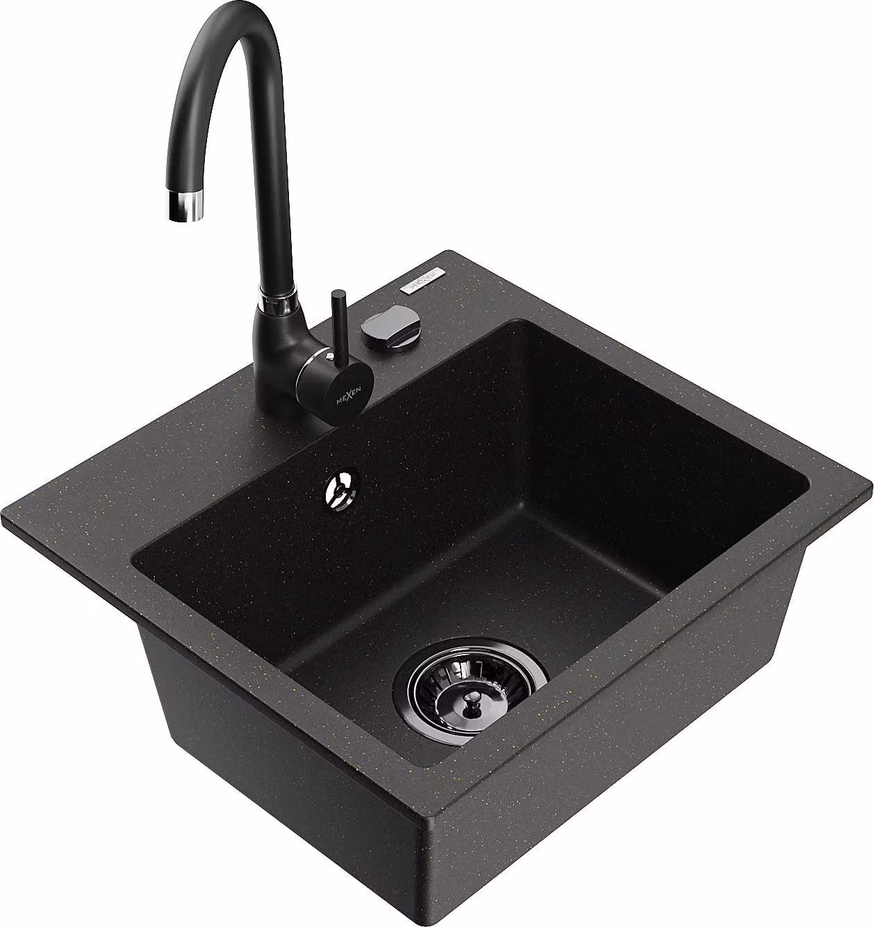 Mexen Milo lavello da cucina in granito con 1 vasca e rubinetto Telma, nero/oro - 6505-75-670200-70-B