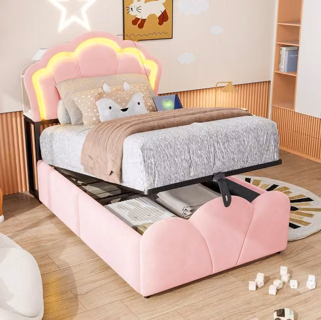 Letto imbottito 90x200 cm con contenitore idraulico; LED; prese e vano testiera; rosa