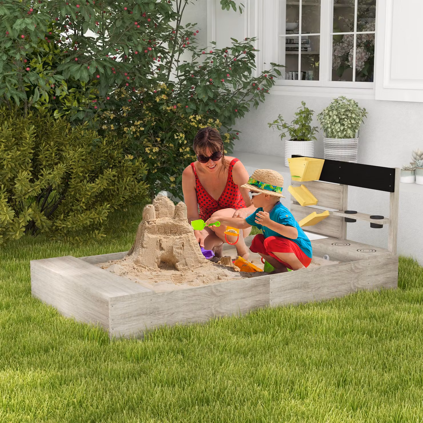 Outsunny Sandbox con stazione acqua e 2 vasi da giardino in legno massiccio, Grigio, L: 154 cm, P: 80 cm, H: 60 cm – 2