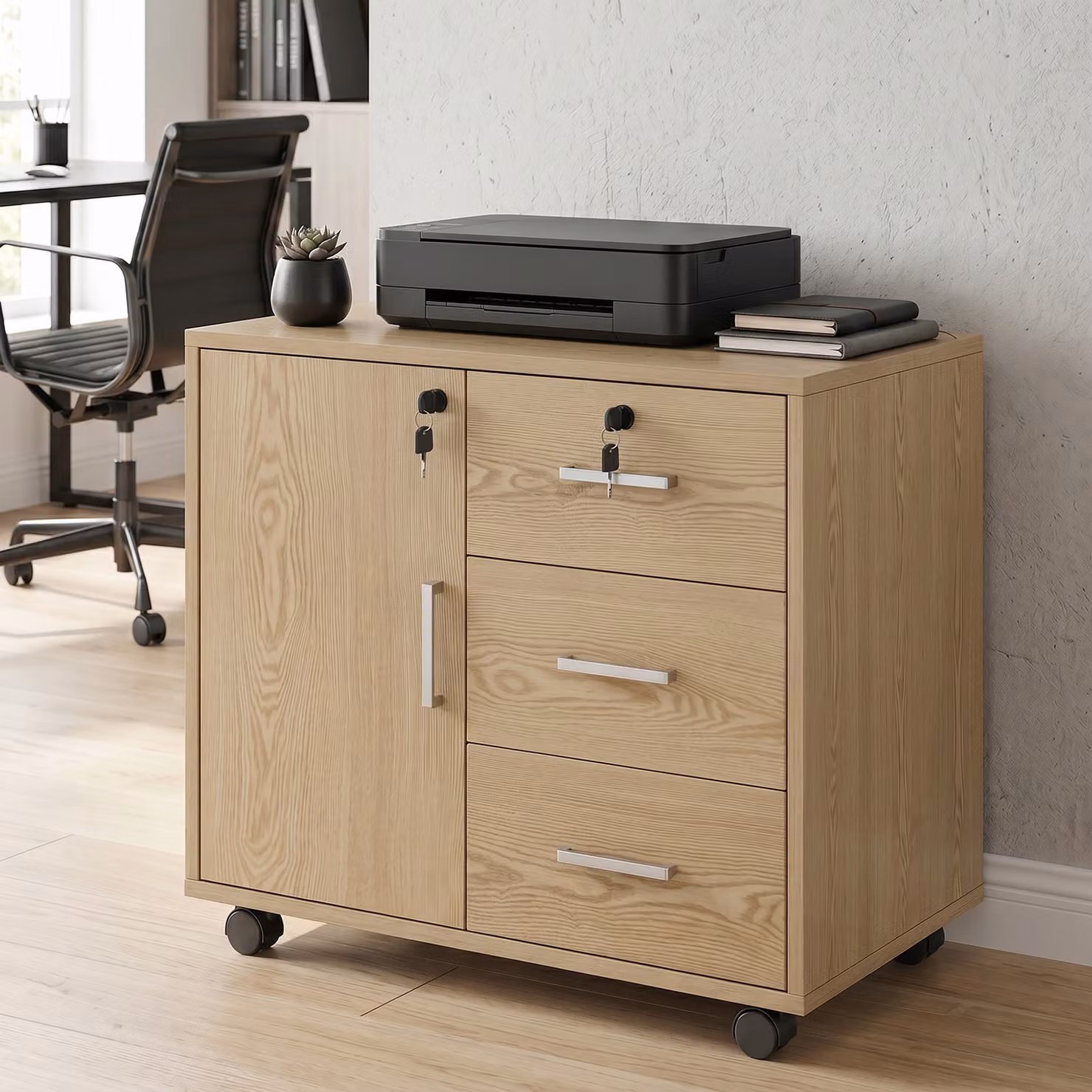 HOMCOM Cassettiera da Ufficio con 3 Cassetti, Mobile Contenitore con Ruote e Ripiano Regolabile, Marrone Chiaro, L: 40 cm, P: 60 cm, H: 56 cm – 2
