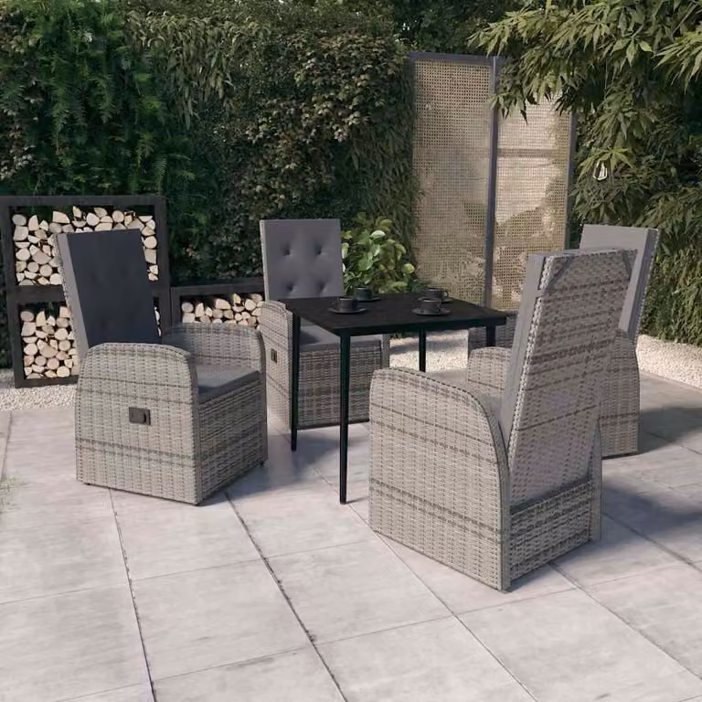 Set da pranzo da giardino vidaXL in polyrattan con tavolo in vetro e 5 sedie con cuscini, colore grigio e nero