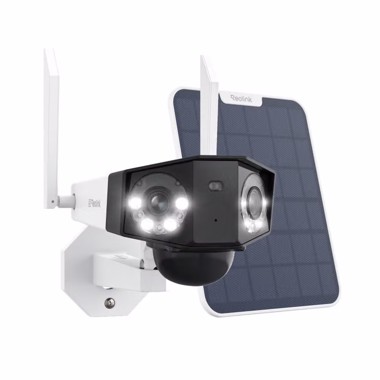 Reolink Duo 2+Pannello solare, telecamera di sorveglianza per esterni con doppio obiettivo 4K 8MP a batteria WLAN, panorama a 180°, WiFi 5/2,4 GHz, rilevamento intelligente, visione notturna a colori