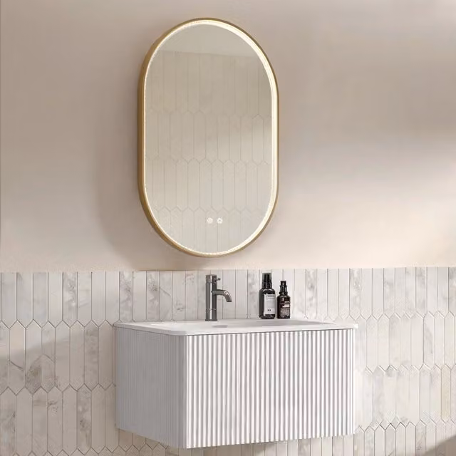 Mobile sottolavabo sospeso con lavabo integrato e specchio LED regolabile antiappannamento bianco salvaspazio da bagno