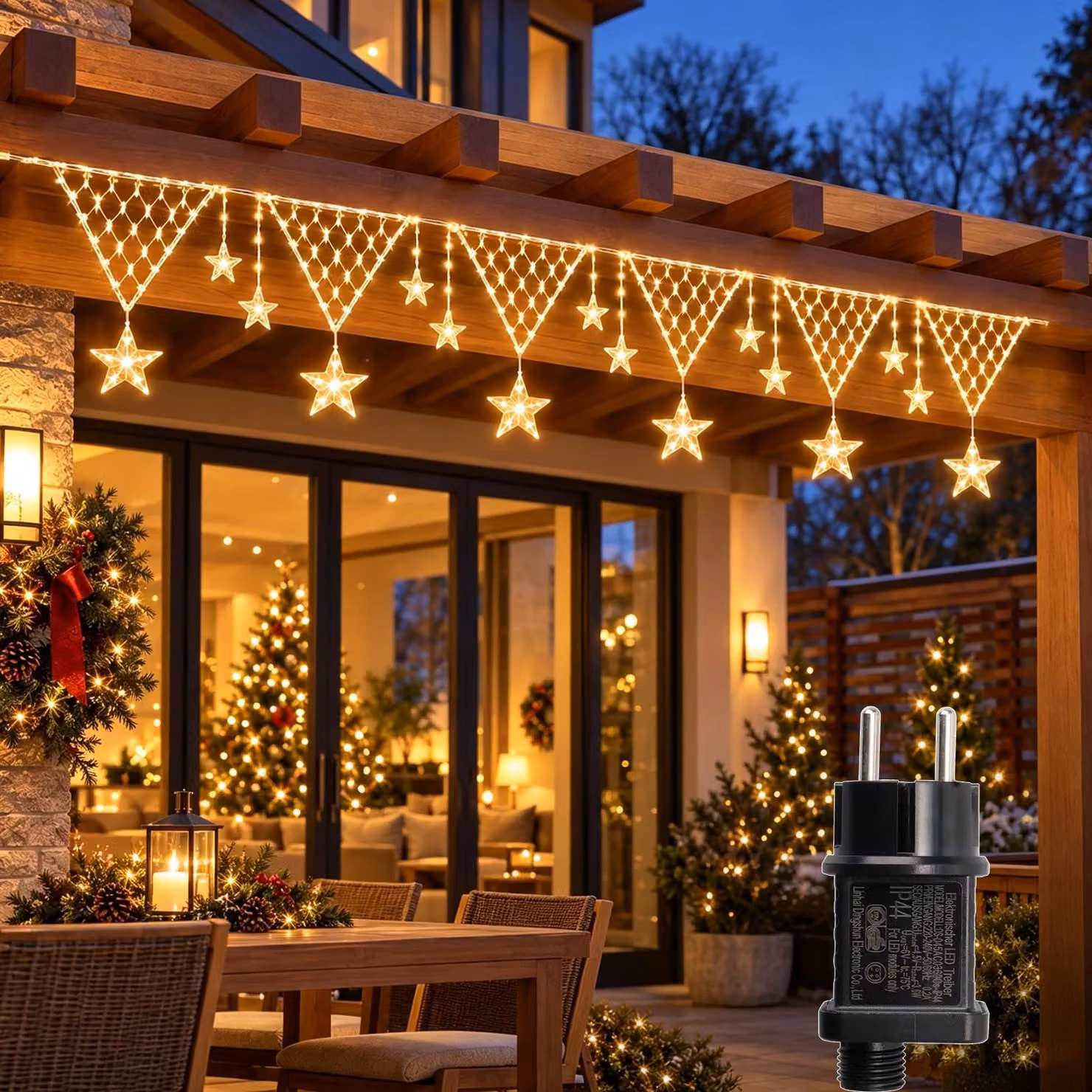 Rete di luci a LED a forma di triangolo, con decorazioni a stella, 192 LED, 5 metri, 8 modalità