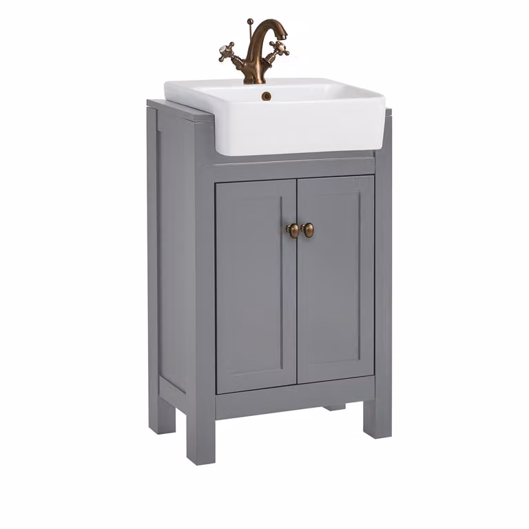 Mobile Bagno Grigio Chiaro da 550mm con Lavabo e Maniglia Classica Rotonda in Rame Satinato - Warwick