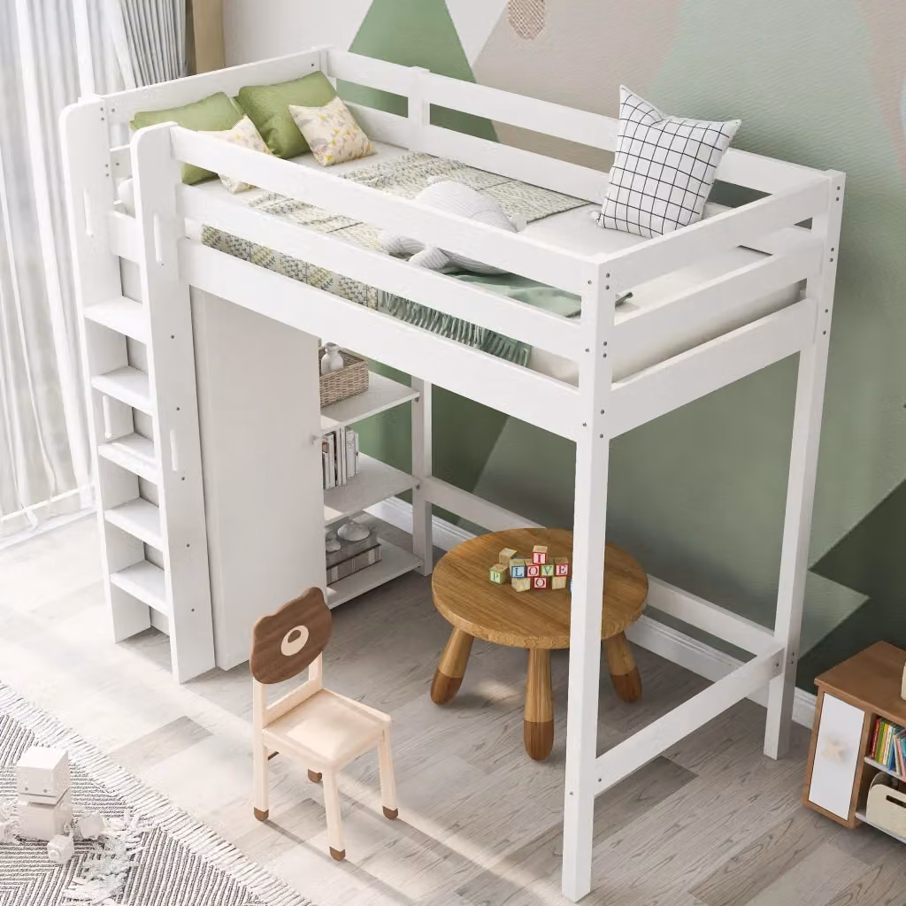 Letto a soppalco per bambini con armadio e 6 ripiani in legno e MDF, bianco, L/P/H: 200 x 90 x 208 cm – 2