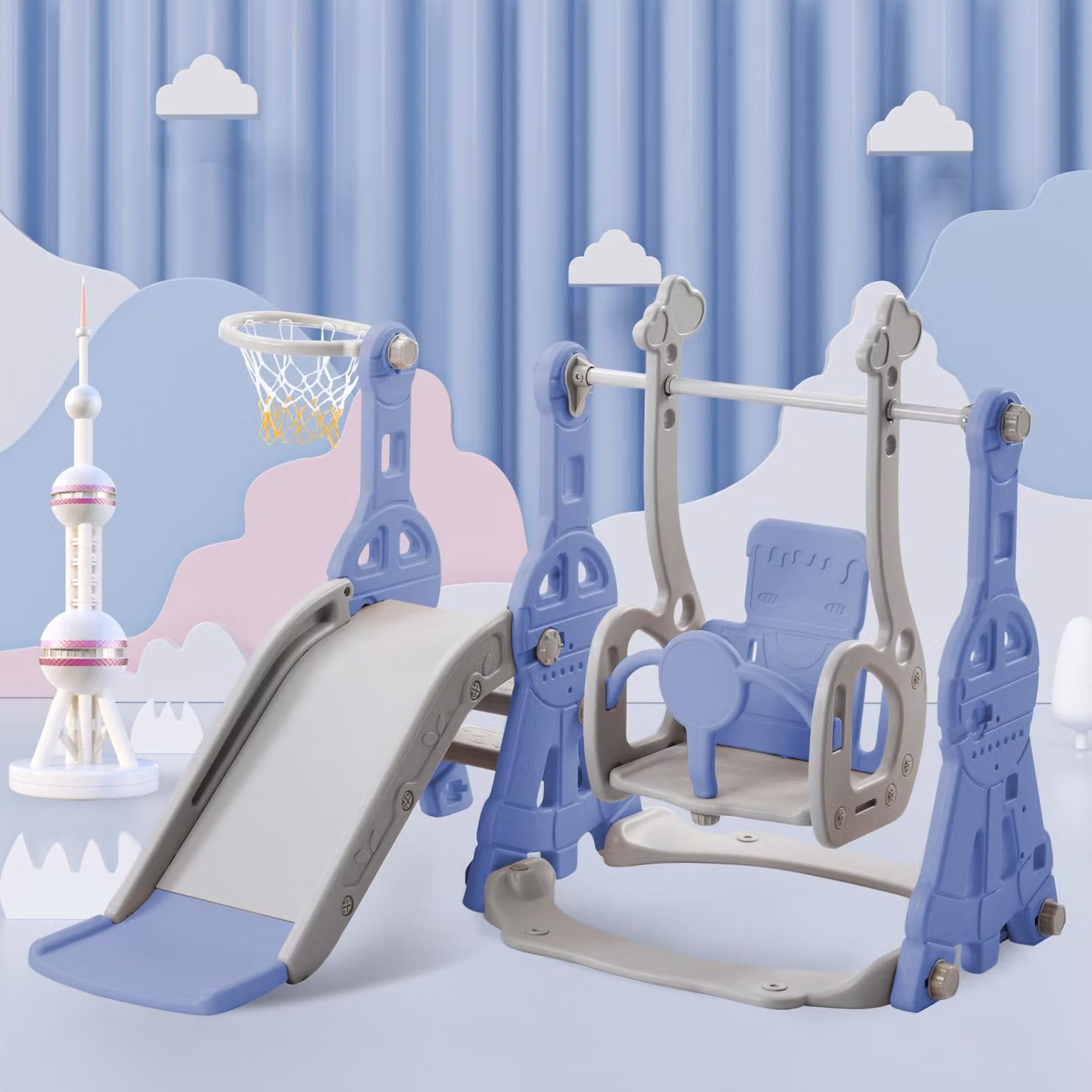 REMZETTA, area giochi multifunzionale 4-in-1 per bambini, con scivolo, altalena, scaletta e canestro da basket. Torre giochi realizzata in HDPE, adatta a bambini dai 1 ai 6 anni