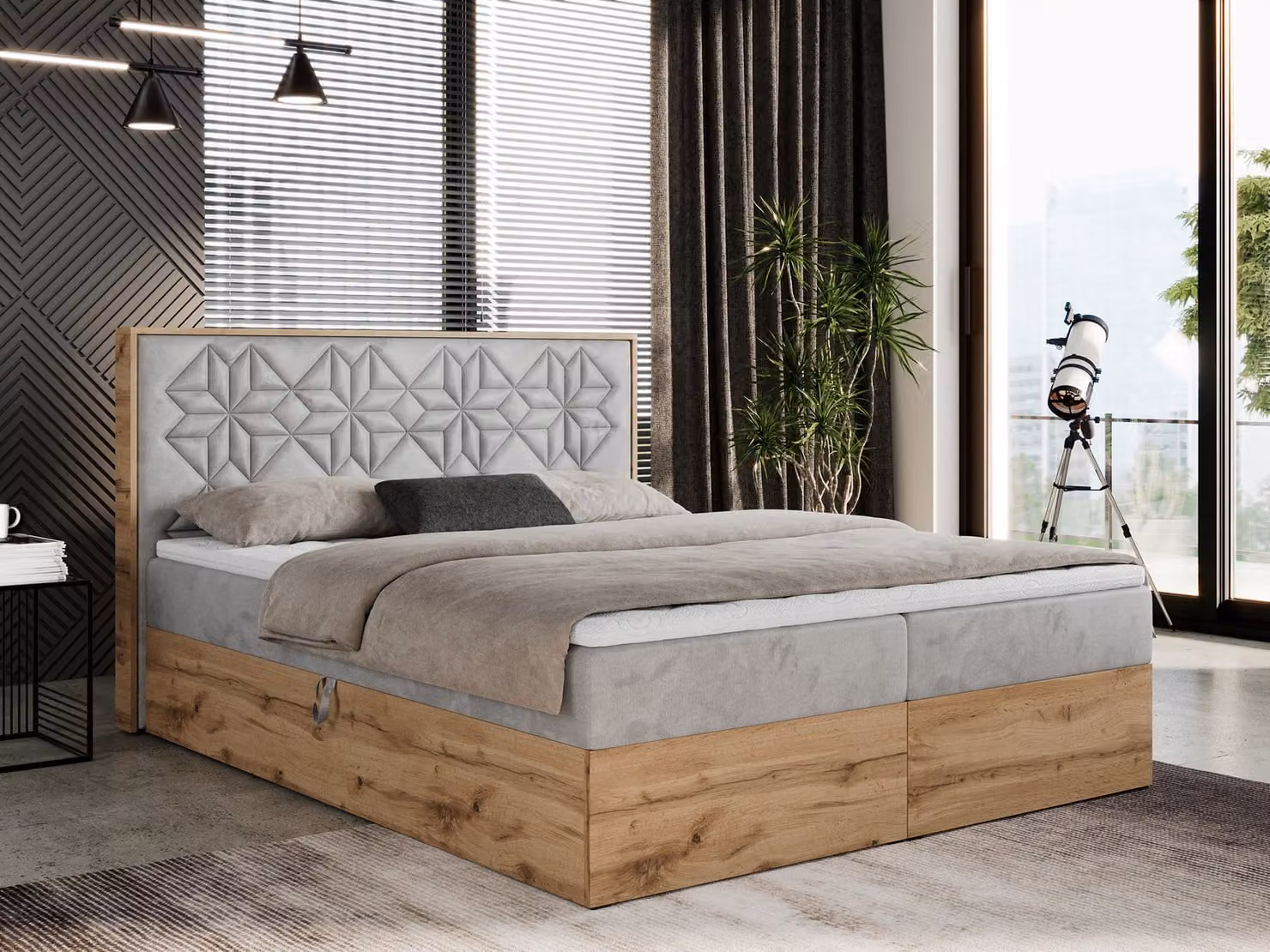 Letto con rete a molle 140x200 con contenitore, letto imbottito 140x200 con materasso H3, letto con rete a molle 140x200 con testiera, letto con rete a molle con struttura in legno massello - Nessi - Grigio chiaro velluto - H3
