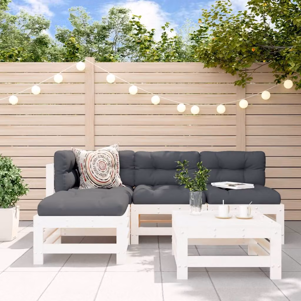 Set da giardino vidaXL in legno massello di pino con cuscini, composto da divano 2 posti, elemento angolare, pouf e tavolino da caffè, colore bianco o antracite
