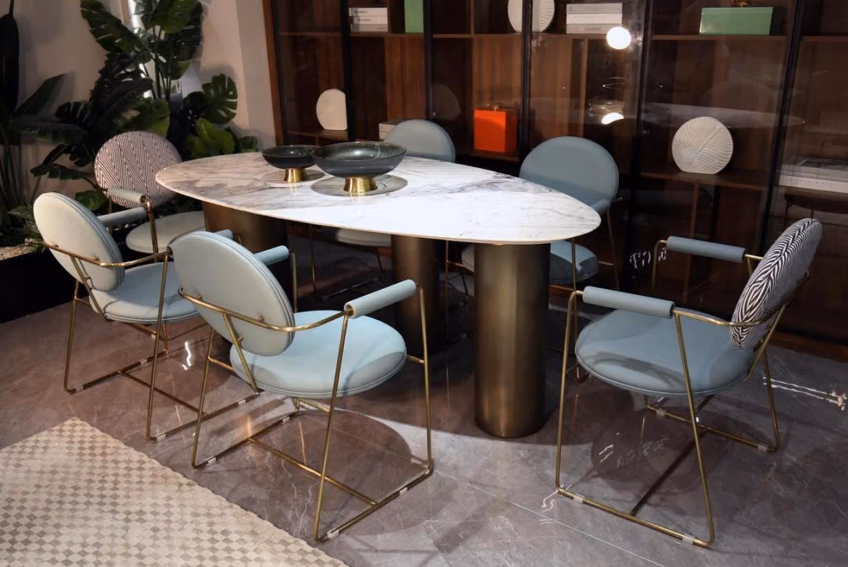 Esszimmer Designer Ovaler Esstisch weiß Luxus Edelstahl Tische Tisch
