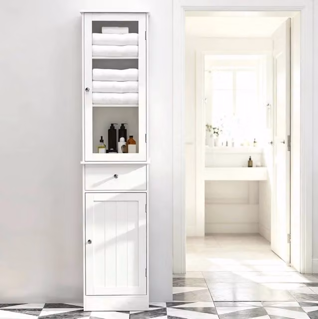 Mobiletto da Bagno Alto in MDF Bianco con Ante in Acrilico e Cassetto Scorrevole