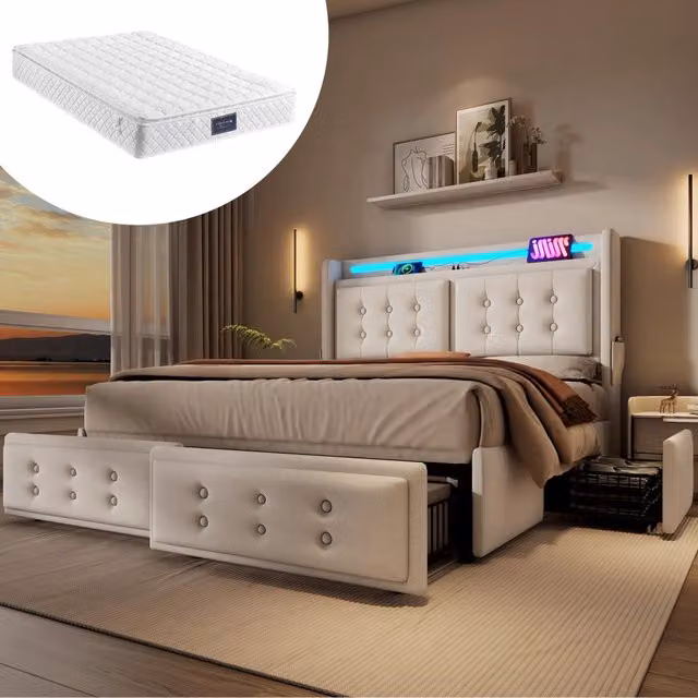LETTO Contenitore 160x200 cm con materasso incluso, 4 cassetti, Beige