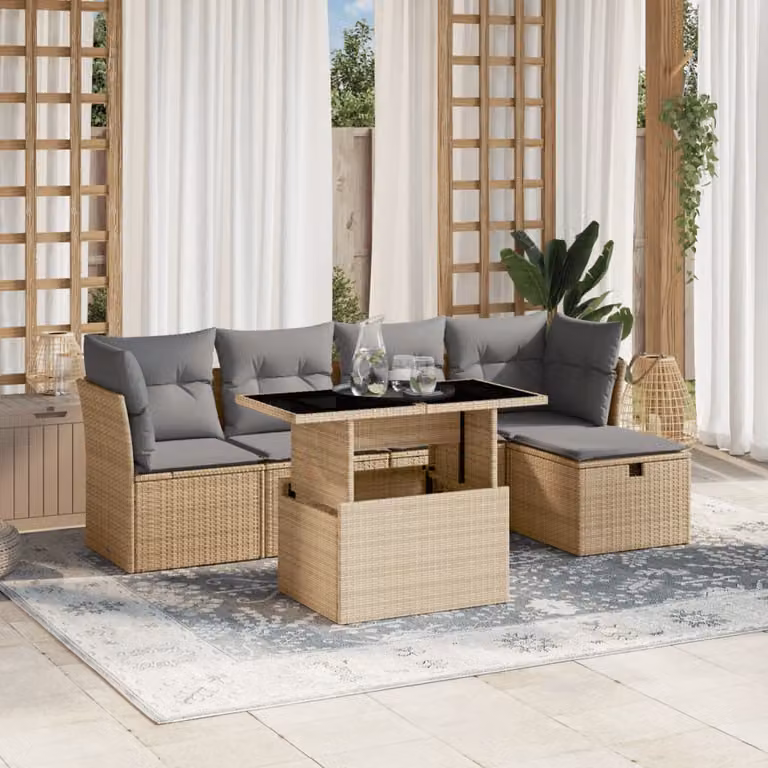 vidaXL Set Divano da Giardino a L in Polyrattan 6 pz con Cuscini Beige e Tavolino, Resistente ai Raggi UV