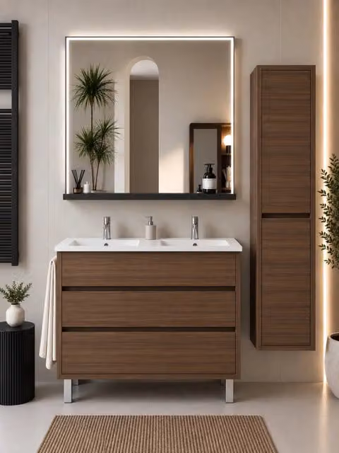 Mobile bagno con lavabo ORIGENBATH IMPERIA senza specchio 120x45 cm doppio lavabo frassino tea con colonna